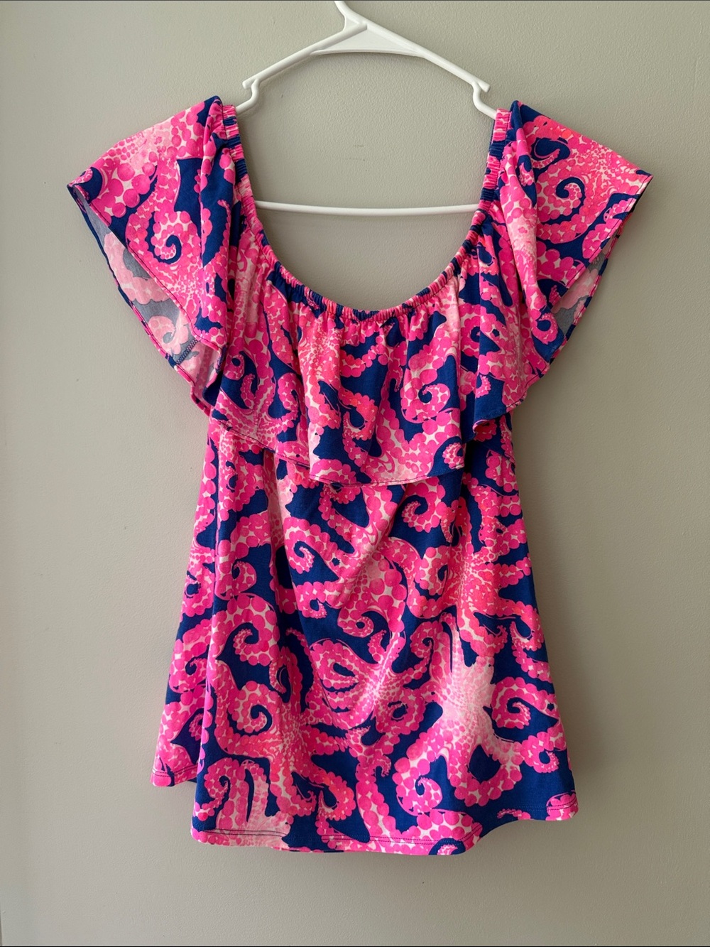 Lilly Pulitzer Pink and Navy Off-Shoulder Ruffle Tunic Size M